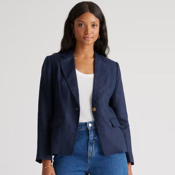 Quince Women’s European Linen Structured Deep Navy Blazer Size L Lined - Picture 1 of 13